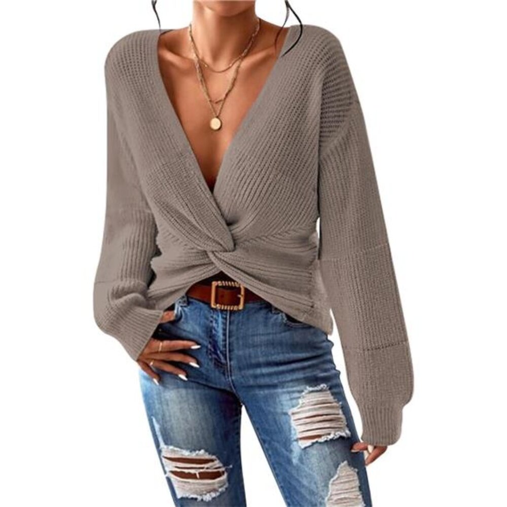 Pink Queen Women's 2025 Casual Pullover Sweaters Sexy V Neck Long Sleeve Twist